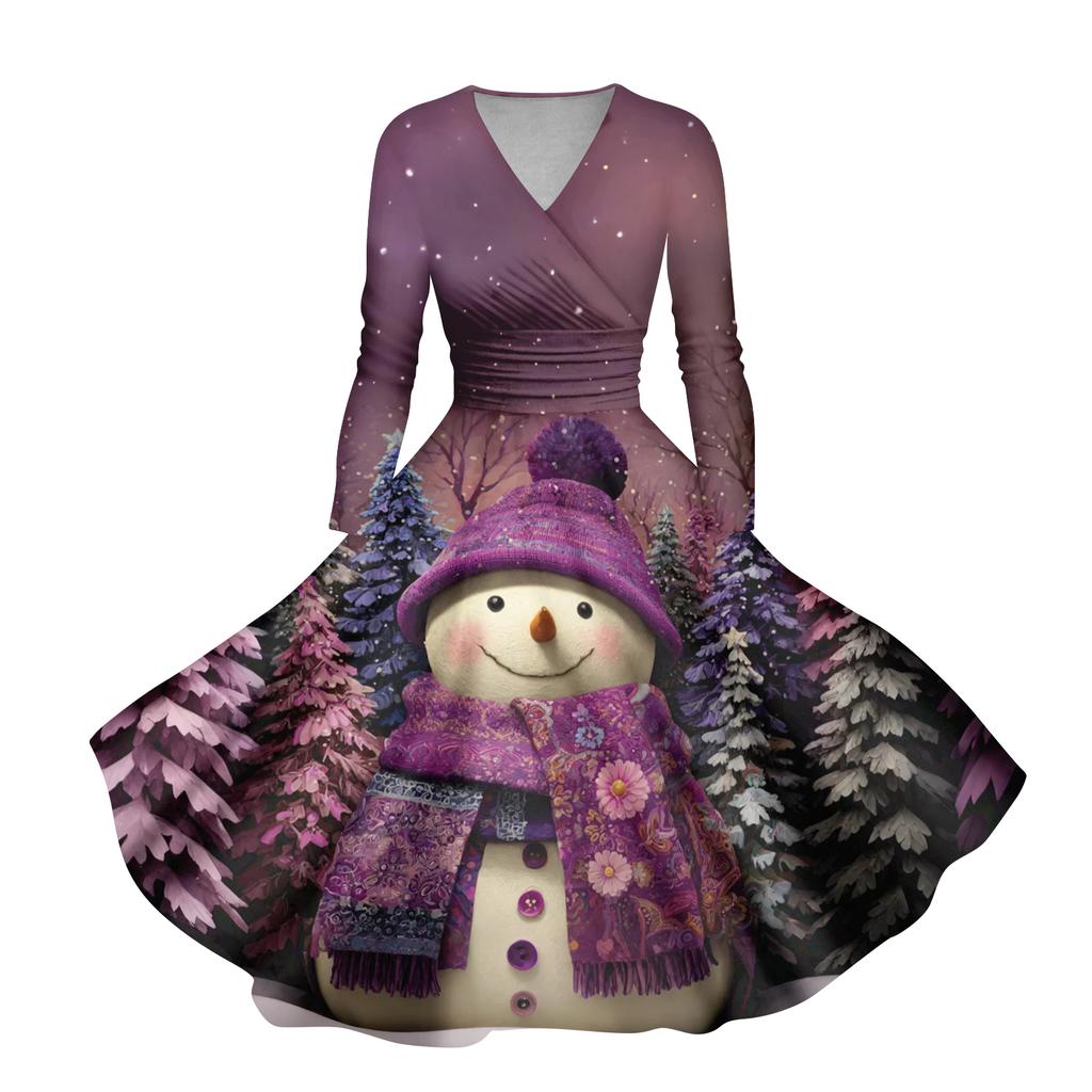 Ladies' Casual And Fashionable Christmas Tree Print Long Sleeved V-neck Sexy Pocket Dress