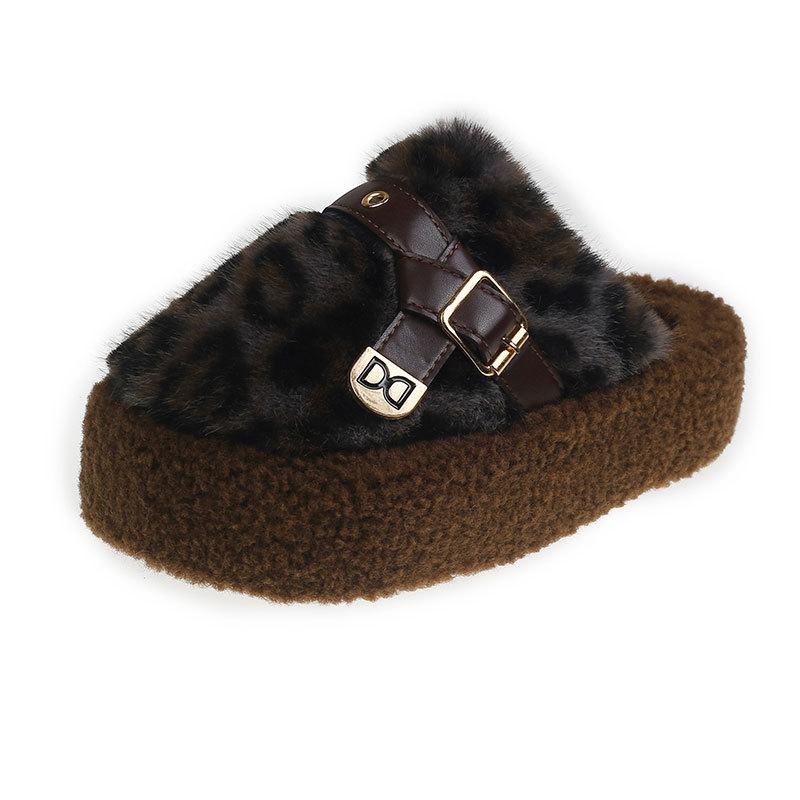 Internet celebrity explosion leopard print fluffy slippers women wear autumn and winter new thick-soled plush bag head half drag cotton shoes