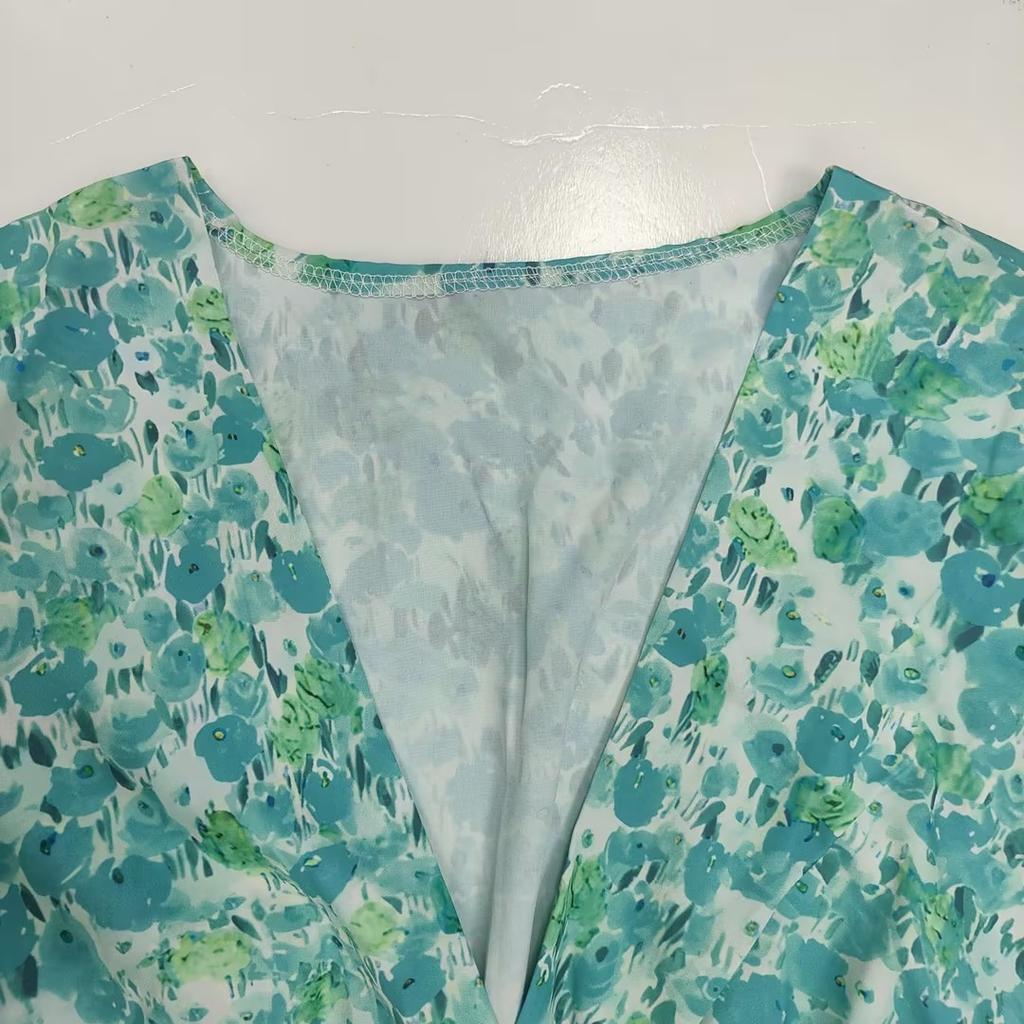 Summer Women's Floral Print Casual Long Dress V-Neck Short Sleeve Elegant Office Female Beach Party Maxi Dresses Robe