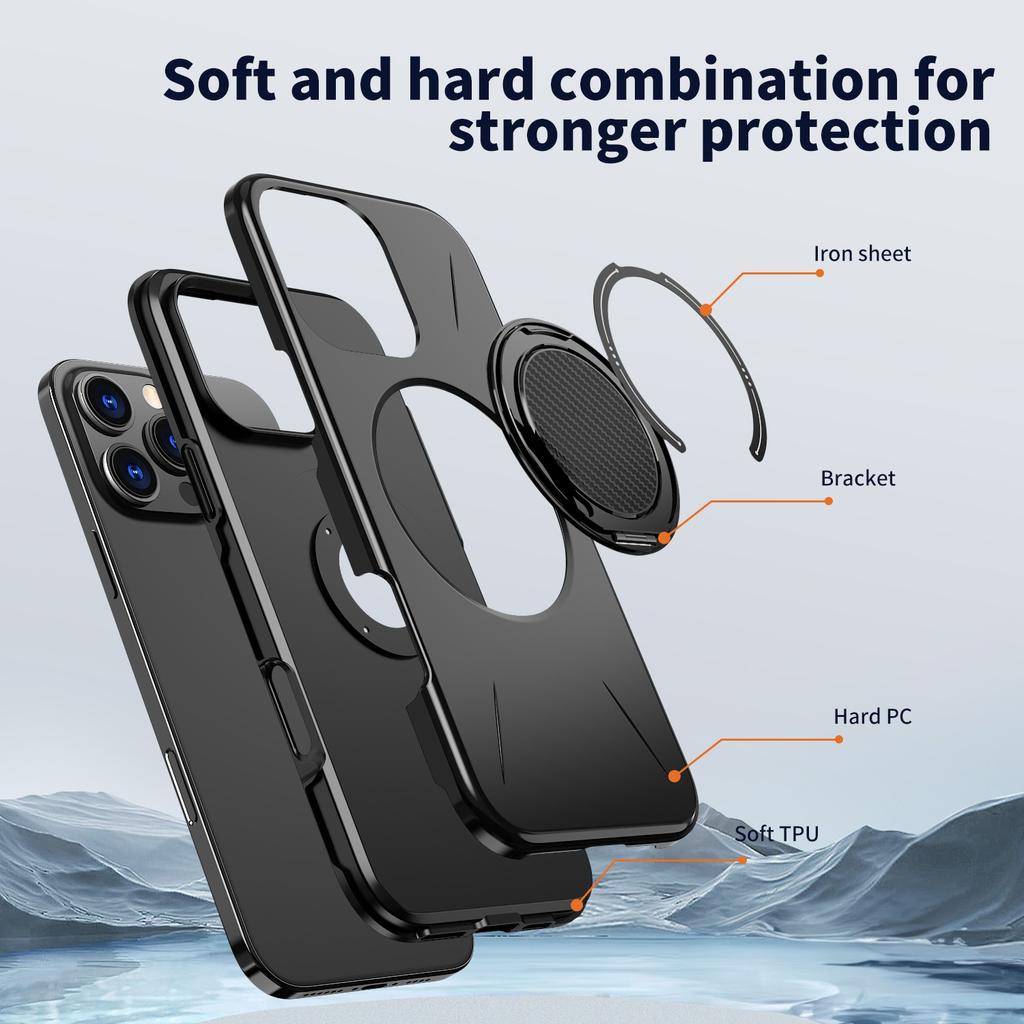Magnetic PC+TPU Phone Case For iPhone 16 15 Plus 14 13 12 Pro Max Ring Holder Stand Shockproof Hard Back Cover Funda