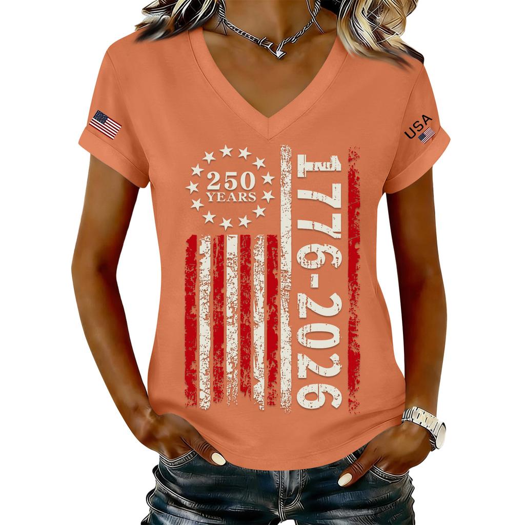 Women's Fashionable V-Neck Casual Retro Print Short Sleeved T-shirt Top
