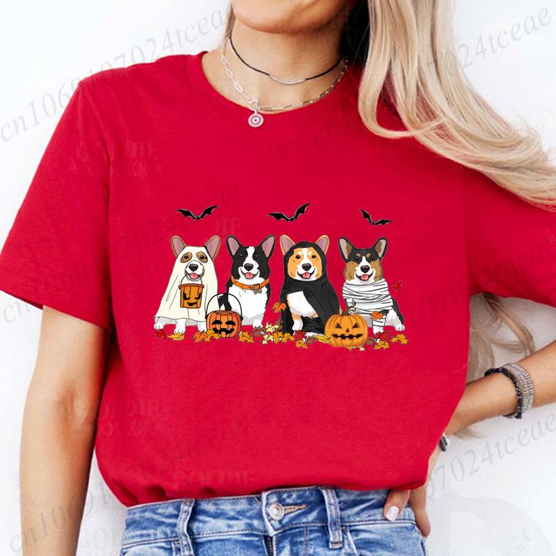 Halloween Dog Fashion T Shirt Tops Women Harajuku Graphic Tees Shirt Femme Corgi Dogs Halloween Women's T-shirt Clothes Tops