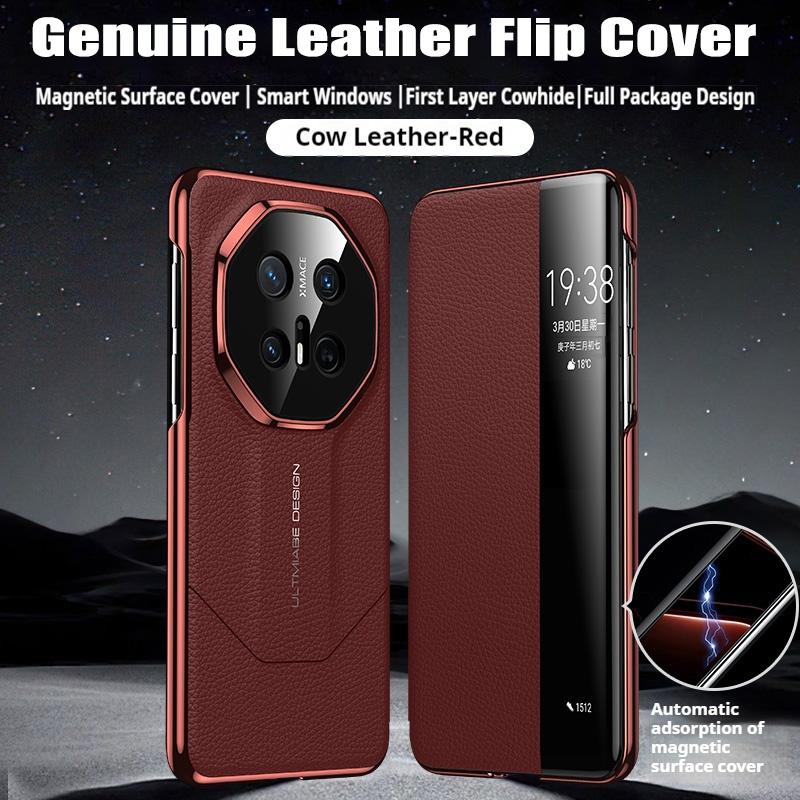 Genuine Leather Flip Cover Case For HUAWEI Mate 70 Pro RS Mate 60 Smart View Wake Sleep Call ID Display