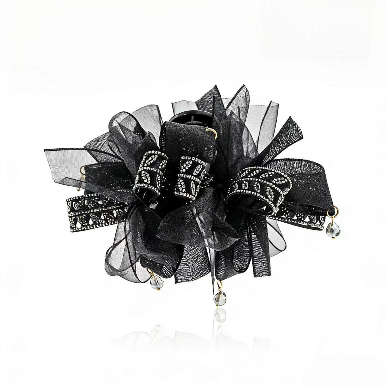 French Retro Black Mesh Flower Rhinestone Bow Hair Claw Clip for Women - Elegant Hair Accessory