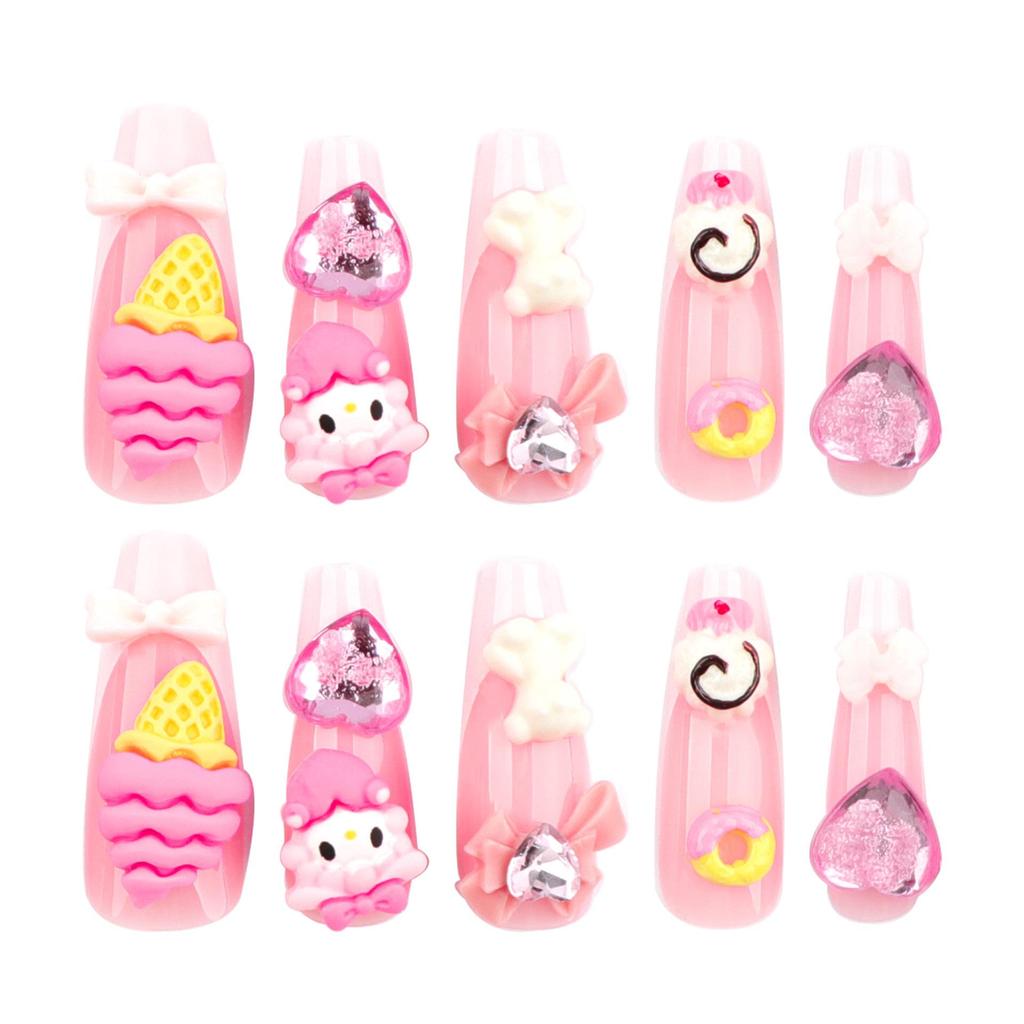 Sweet Pink 3D Bow and Rhinestone Bear Ice Cream Cone Fake Nails