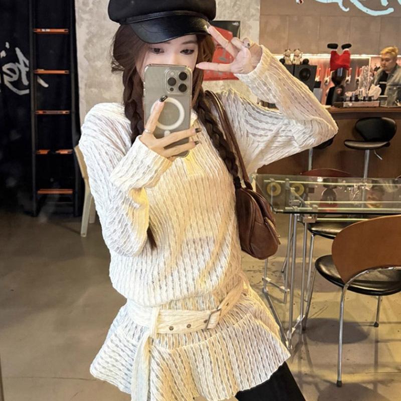 Large size fat MM French hollow knitted sweater women's early autumn new design loose hooded sweater dress