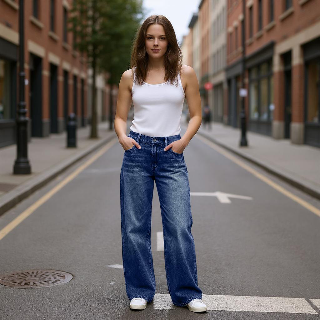 Womens High Waisted Jeans Stretchy Flared Straight Leg Loose Trendy Hem Denim Pants