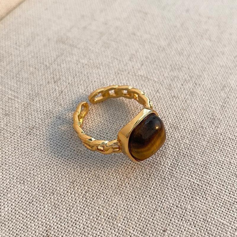 Vintage Brązowy Kamień Tygrysie Oko Otwarty Pierścionek dla Kobiet Nieregularny Okrągły Spersonalizowany Design Pierścionka na Palec Poczucie Stylu Biżuteria Prezent