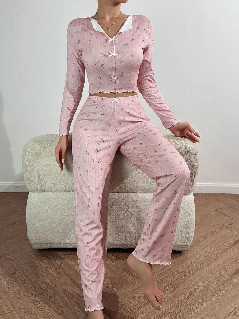 Women's European & American Style Printed Pajama Set: Long Sleeve Top & Long Pants, Casual Home Wear, Wearable Outdoors.