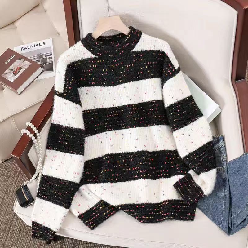 New special yarn half-height round neck loose thickened warm color matching horizontal strip with knitted top sweater women