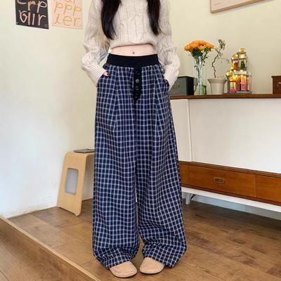 Retro Navy Blue Plaid Wide-leg Pants for Women In Spring and Summer Contrast Loose and Lazy Style Draped Straight-leg Casual Pants