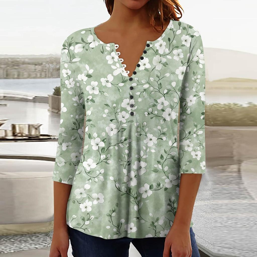 Women's Fashion Casual Pullover T-Shirt 3/4 Sleeve Printed Top