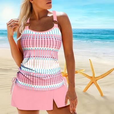 Damen-Badeanzug mit Schultergurten, rosa Bikini-Shorts mit Gittermuster, Tanktop-Badeanzug