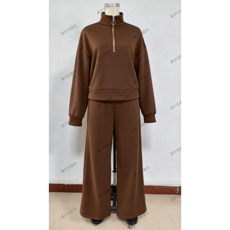 YYFS Damenmode, lässig, Frühling und Herbst, einfarbig, langärmelig, POLO-Ausschnitt, Hose, Hosenanzüge