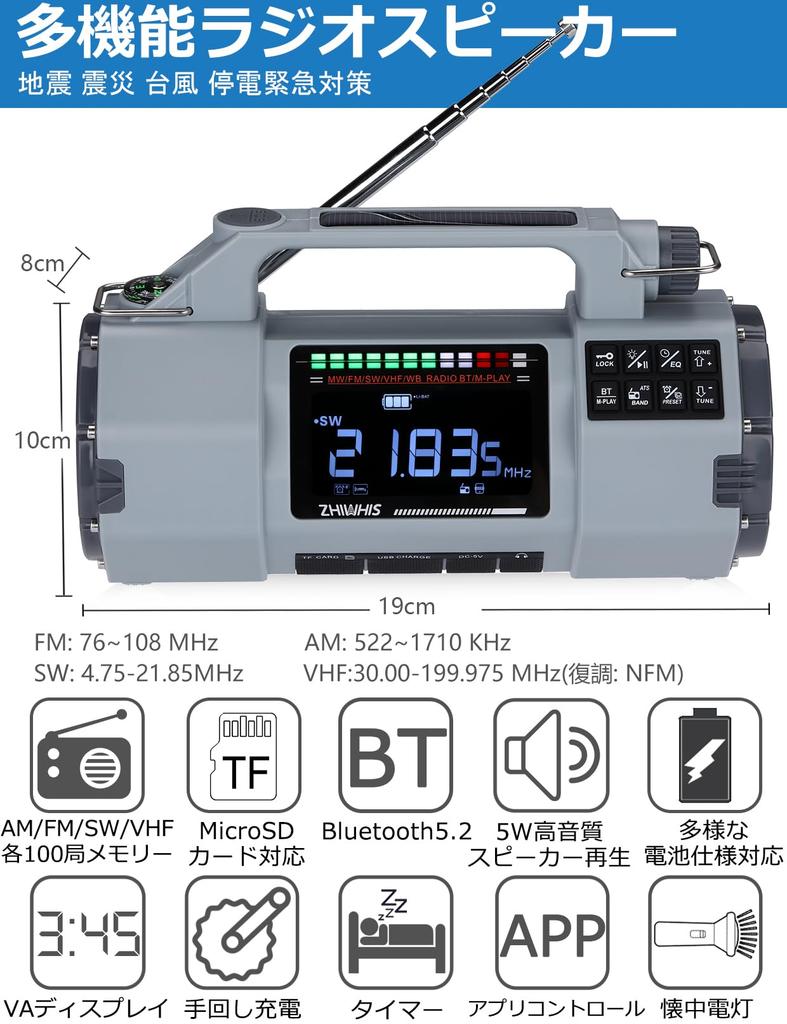 ZHIWHIS Emergency Radio with Bluetooth Micro SD Card App FM Hand and Battery Earthquake and Typhoon Emergency New for 2025 Speaker, Playback, Control,