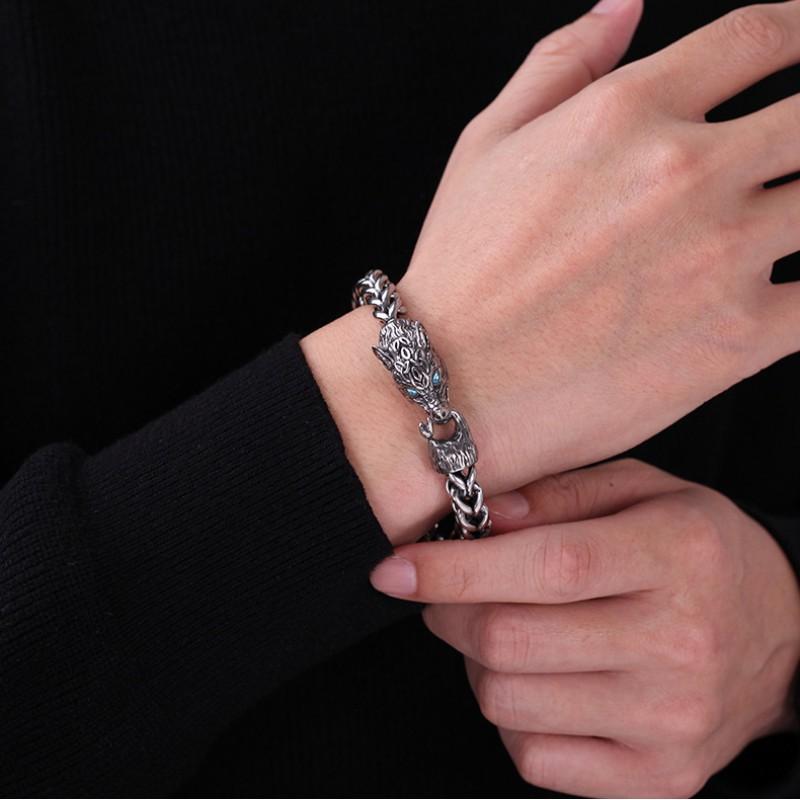 Pulsera de Hombre con Cabeza de Lobo Oscuro Estilo Europeo Americano Vintage Punk Moda Joyería Versátil Venta al por Mayor