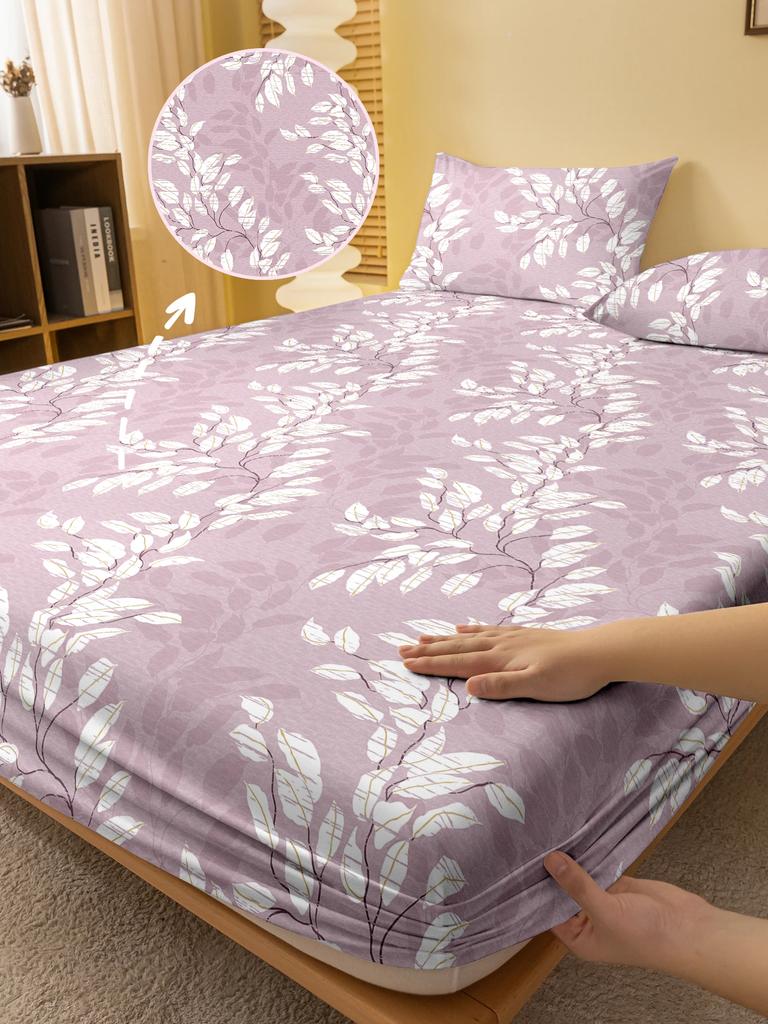 1 Simple Modern Plant Flower Leaf Printed Matte Fitted Sheet, Bedroom Printed Bed Cover, Bedding (Excluding Pillowcases)