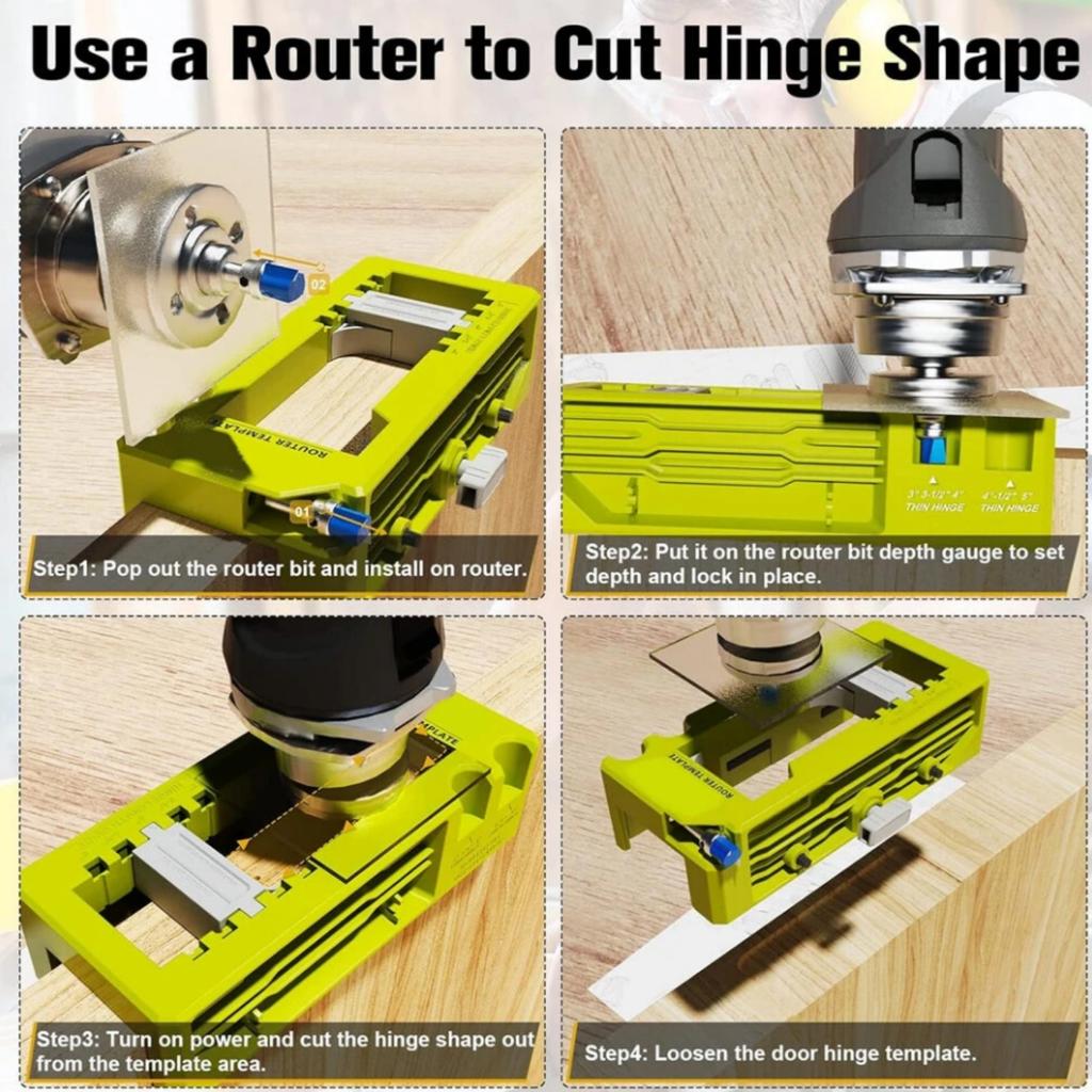 Türscharnier-Stemmer, Scharnier-Installationssatz, Router-Schablone, passend für Scharniere von 3 bis 5 Zoll, quadratische Ecken mit halbem Durchmesser, einstellbare Tiefe