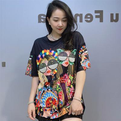 Colorful Fashion Printed T Shirts Women Summer Clothes Casual Character Diamonds Beading Short Sleeve Tops Tee Loose Knitwear