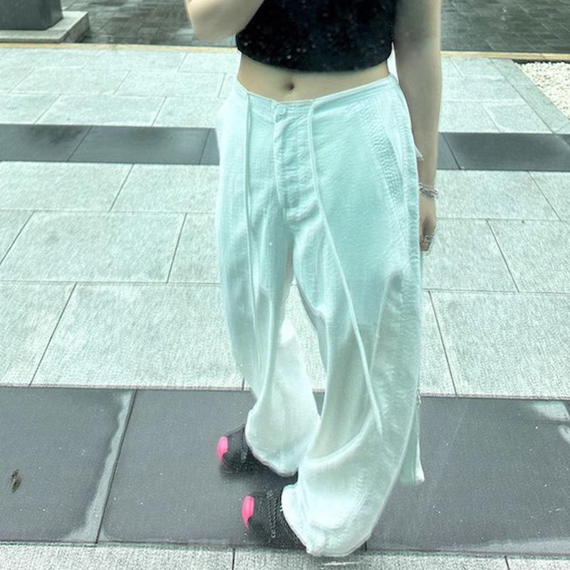 Summer New White Loose Wide Leg Pants Women Casual Straight Plus Size Pants Female Solid Elegant Drawstring Office Lady Trousers 24291