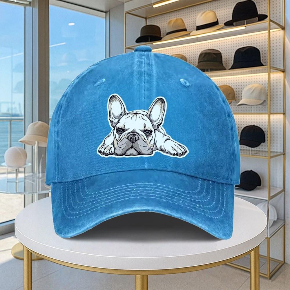 French Bulldog Design Baseball Cap Washed Denim Adjustable Casual Hat Unisex Streetwear