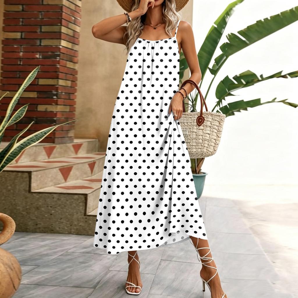 Damen ärmelloses Polka-Dot Maxikleid Sommer lässig langes Kleid mit verstellbaren Spaghettiträgern Leichtes Strandkleid für den Urlaub