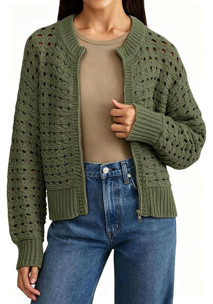European American Fashion Summer Women's Hollow-Out Zipper Sweater Jacket - Comfortable, Trendy & Versatile for Commuting