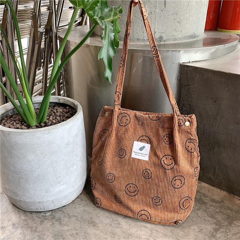 Fashionable Corduroy Smiley Face Tote Bag For Students And Daily Use