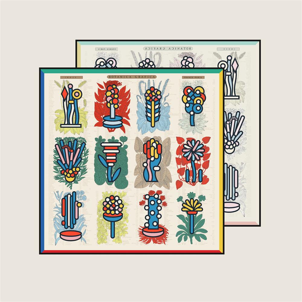 

POBING Curled Twill Silk Scarf Women Plant Catalog Double Side Print Square Scarves Wraps Echarpes Foulards Femme Hijab 90CM 90CM x 90CM