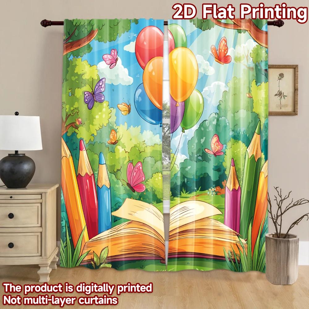 2D flat printing 2pcs Curtain Colorful Balloons Book Butterflies Nature Digital Printed Polyester Drapes Festive Wall Decor Use