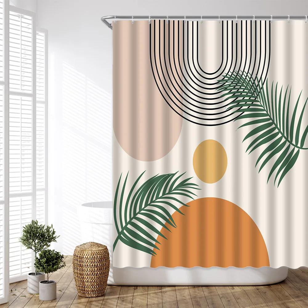 Abstract Mid Century Shower Curtains Boho Arch Sun Beige Modern Minimalistic Home Bathtub Bathroom Curtain Fabric Decoration Set