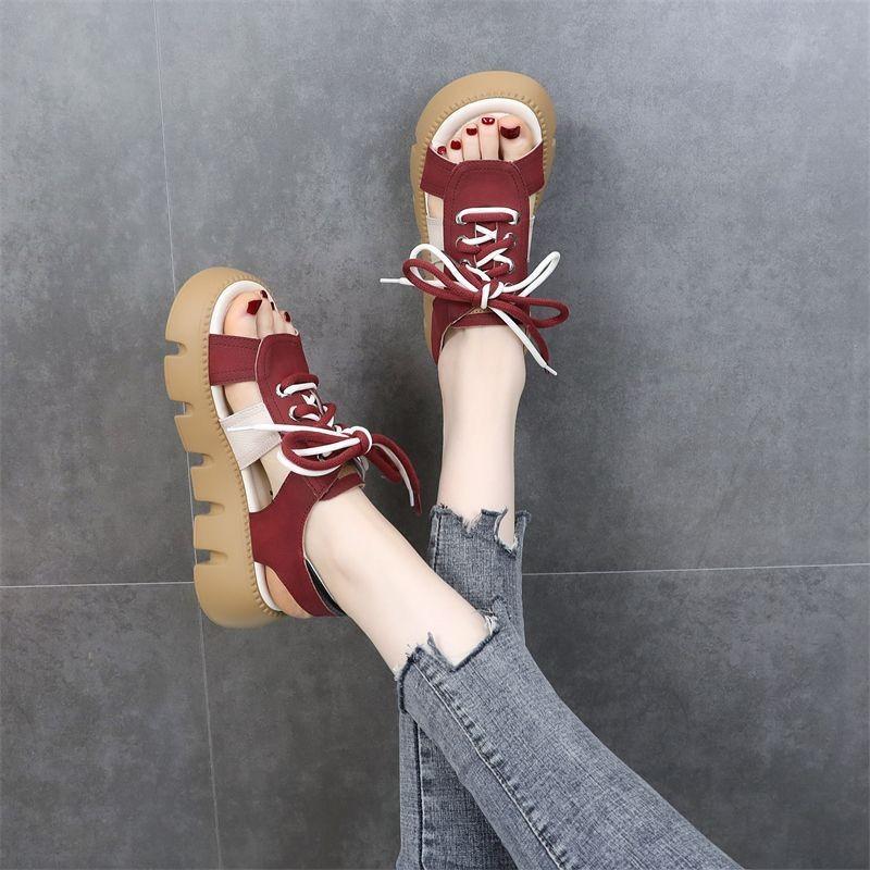 Soft Leather Women's Sandals Spring and Summer Fashion Color Matching Muffin Bottom Thick Sole Outer Wear Flat Bottom Lace-up Beach Roman Sandals