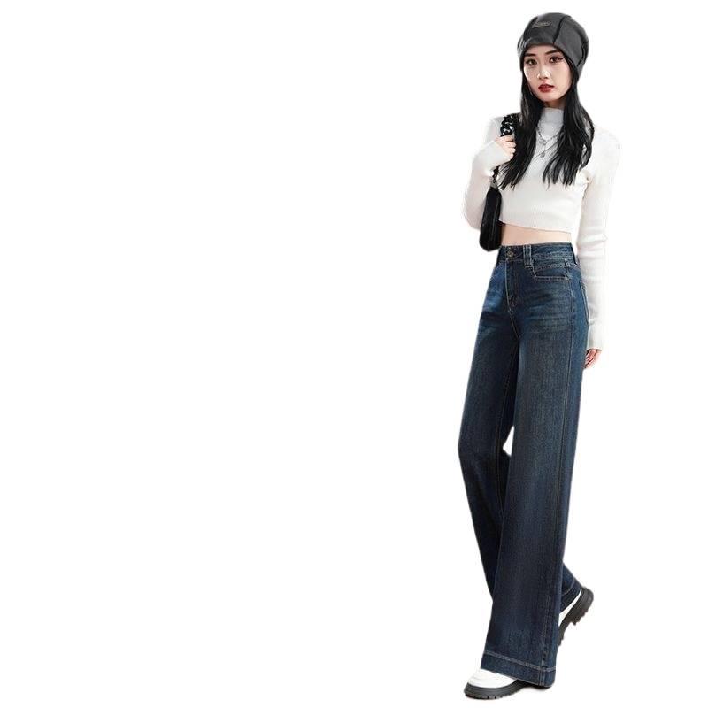 Women's Retro Wide-Leg Jeans: High-Waisted, Fleece-Lined, Slimming, Loose Fit, Floor-Length, for Autumn/Winter 2025