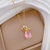 Classic Pink Water Drop Crystal Zircon Butterfly Pendant Necklaces for Women Stainless Steel Chain Vintage Collar Accessories