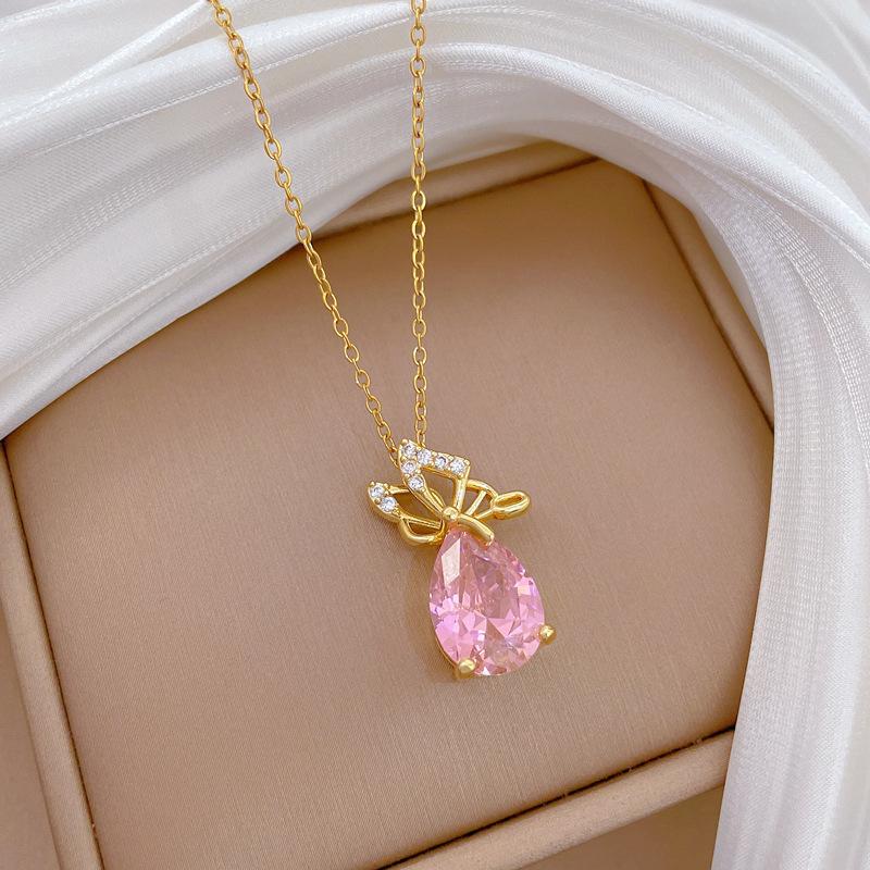 Classic Pink Water Drop Crystal Zircon Butterfly Pendant Necklaces for Women Stainless Steel Chain Vintage Collar Accessories