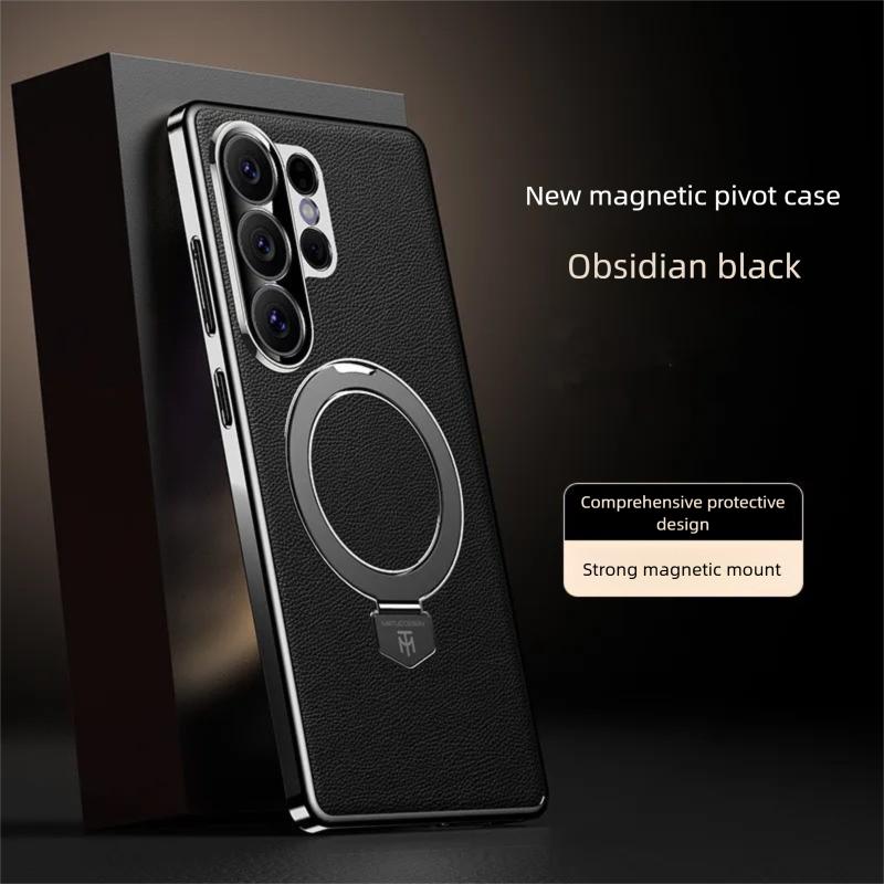 Premium Aviation Aluminum Alloy Bracket Case For Samsung Galaxy S26 Ultra/S25 Ultra/S24 Ultra Magnetic Vegan Leather Stand Cover