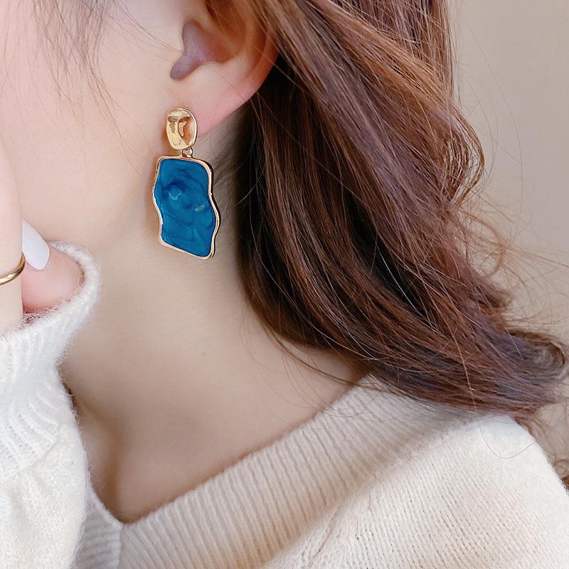 Retro Blaue Geometrische Hängeohrringe: 925 Sterlingsilber mit Tropfenöl-Finish