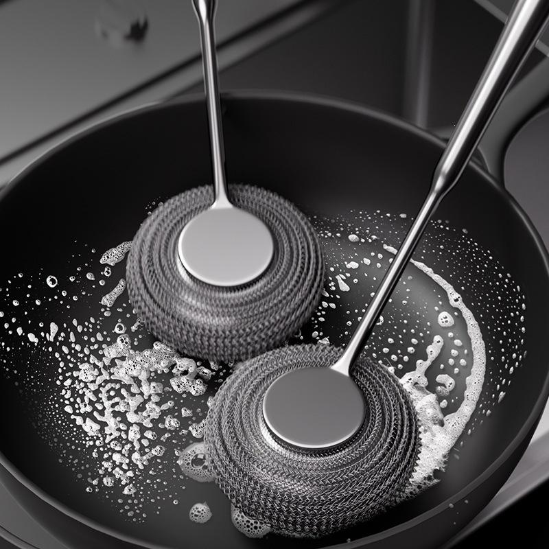 Stainless steel pot brush, kitchen washing pot, steel wire ball brush, long handle dishwashing, cleaning brush, brush pot without silk