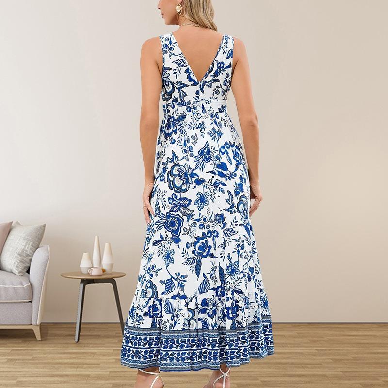 Women V Neck Sleeveless Floral Print Maxi Dress With Border Hem Casual Daily Wear