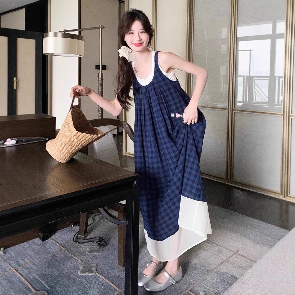 

French Mori Girl Blue Plaid Spaghetti Strap Maxi Dress S Premium