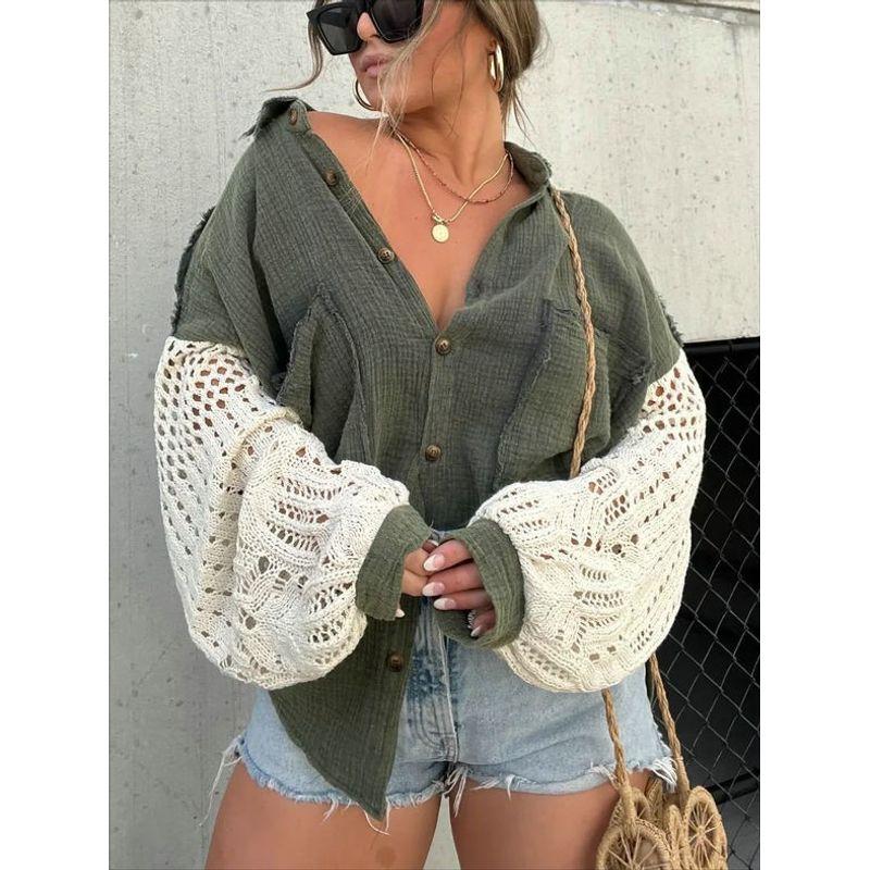 

Wish2024 Crepe Shirt Long Sleeves Lace Patchwork Homewear European and American Ladies Tops Loose Bottoming Shirt T-shirt Olive green L