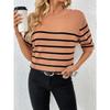 Women S Striped Button Spliced Pullover Round Neck Short Sleeve Knit Sweater