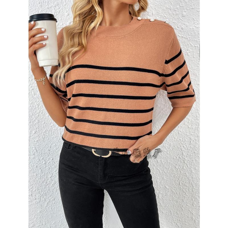 Women S Striped Button Spliced Pullover Round Neck Short Sleeve Knit Sweater