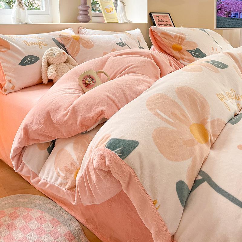Thickened Milk Fleece Four-Piece Warm Coral Fleece Bed Sheet Quilt Cover Fleece Bedding Flannel