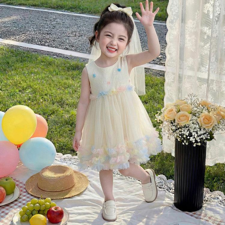 2026 Neues Sommer-Netz-Midikleid im Prinzessinnen-Stil mit flauschigem Rock für Kinderfest-Aufführung