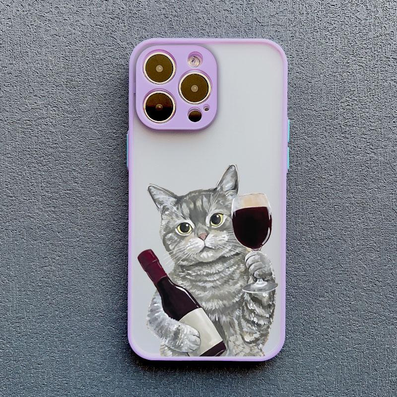 Cute Happy Cat Goblet Red Wine Phone Case For iPhone 15 14 13 Pro Max 16 13 12 11 Pro Max Mini 7 8 15 14 Plus X XS XR Back Cover