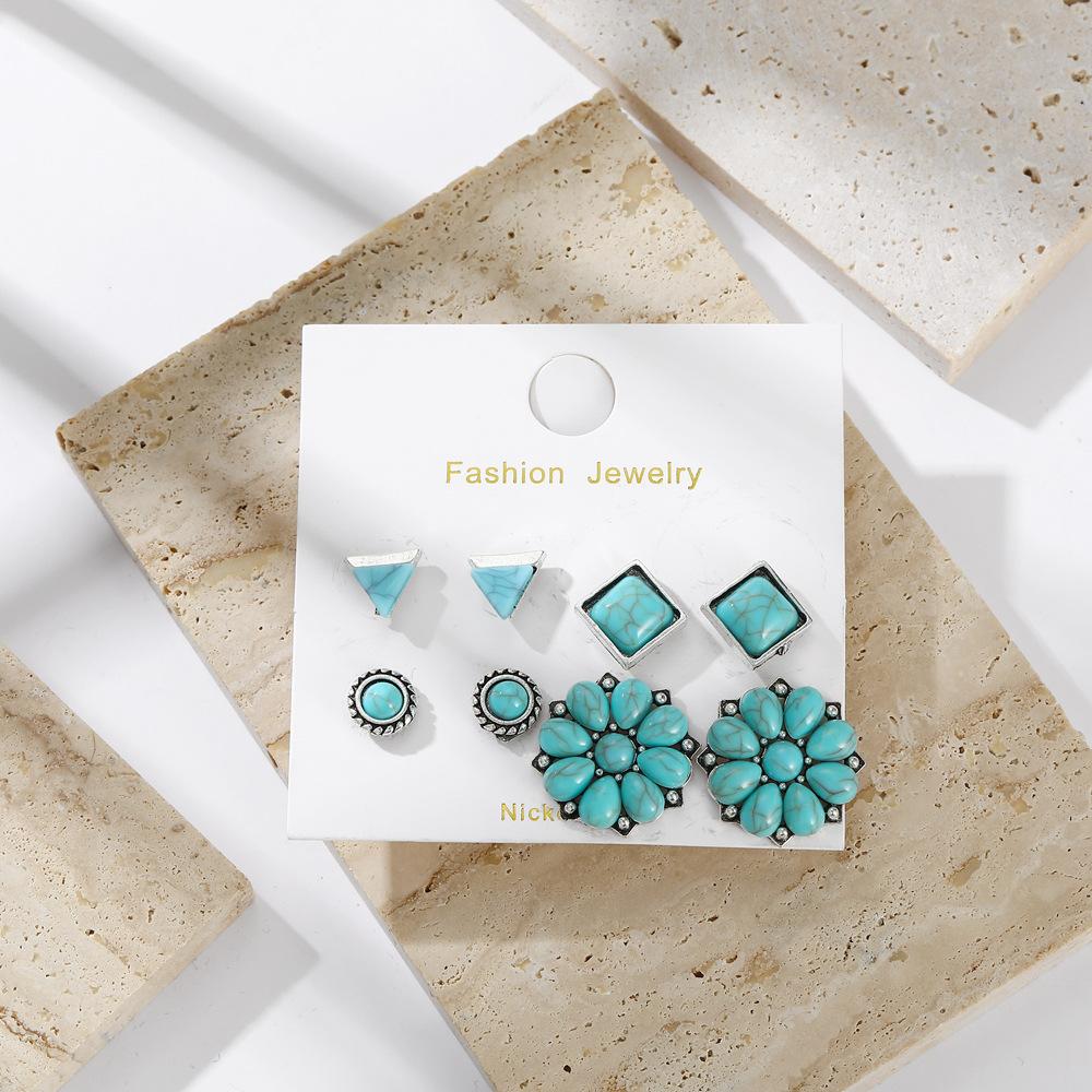 Vintage Bohemian Turquoise Floral Geometric Round Earrings 4 Pair Set