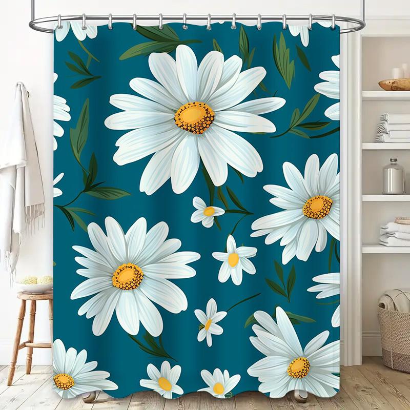 Blue Floral Shower Curtain with White Petals Perfect for Bathroom Decorations