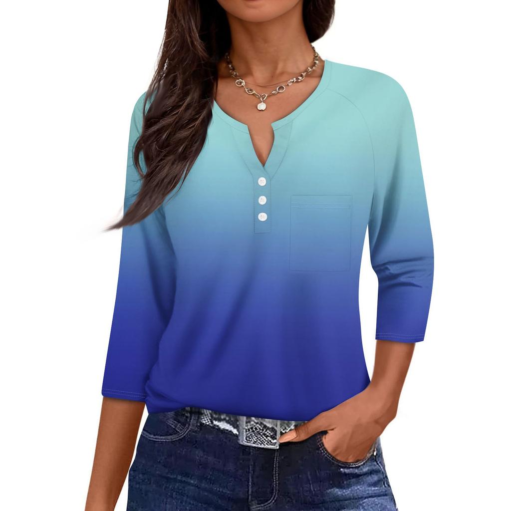 Damen Lässige Mode V-Ausschnitt Locker Vielseitig Farbverlauf Drei-Viertel-Ärmel