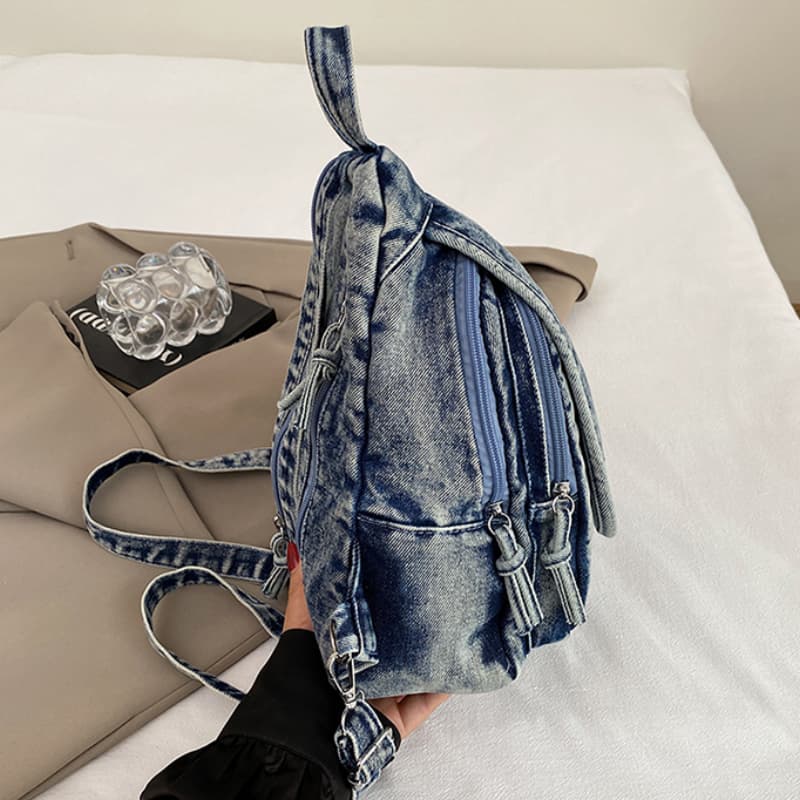 Washed denim backpack women go out small backpack